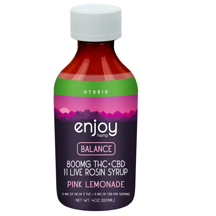 Enjoy Hemp 800 mg Balance 1:1 Live Rosin Delta 9 THC/CBD Syrup - Pink Lemonade (Hybrid) Best Sales Price - Edibles