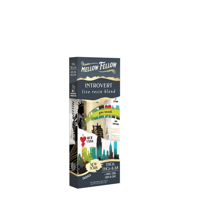 Mellow Fellow Introvert Blend - Destination: NYC - Live Resin 1ml Disposable Vape - Gas Mask (Indica)