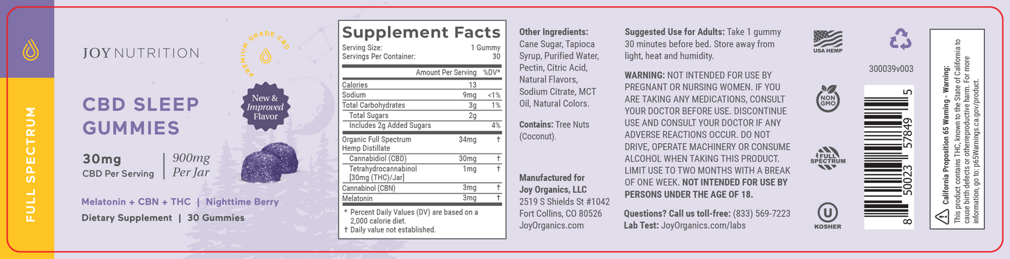 Joy Organics CBD Sleep Gummies (30mg CBD + 3mg CBN)