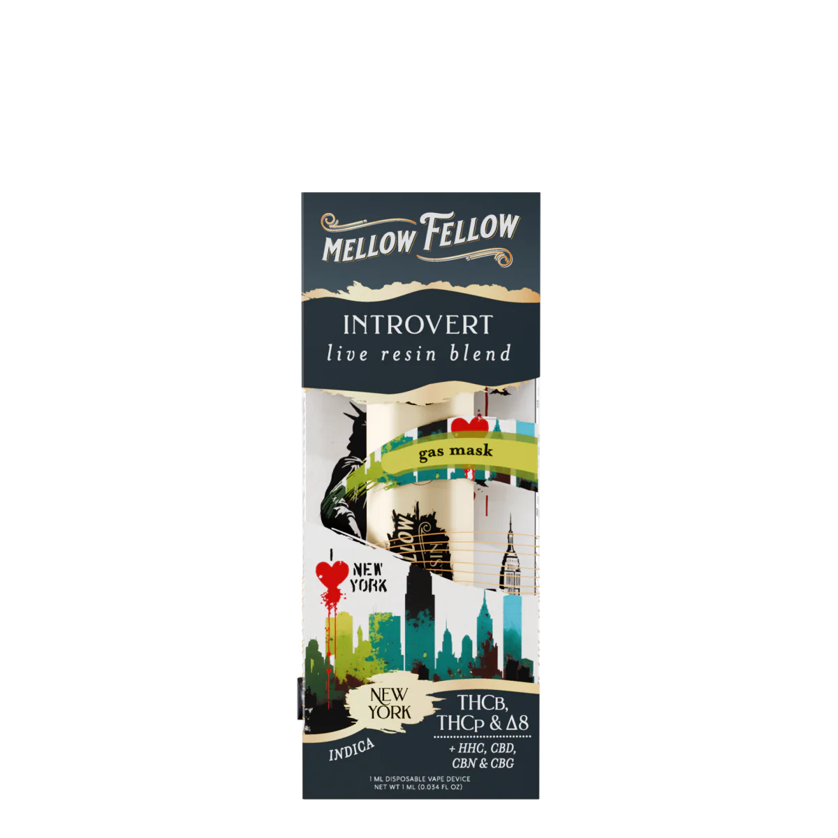 Mellow Fellow Introvert Blend - Destination: NYC - Live Resin 1ml Disposable Vape - Gas Mask (Indica)