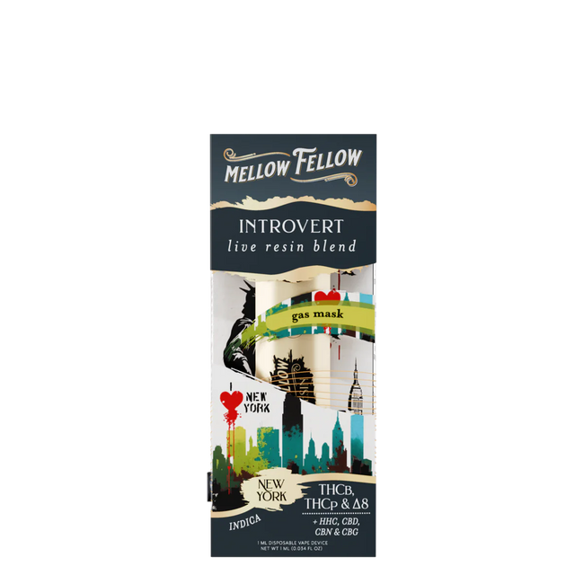 Mellow Fellow Introvert Blend - Destination: NYC - Live Resin 1ml Disposable Vape - Gas Mask (Indica)