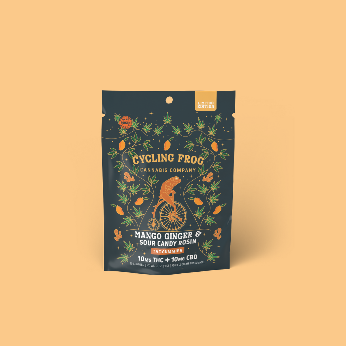 Cycling Frog Mango Ginger Rosin Gummies, 10mg THC + 10mg CBD