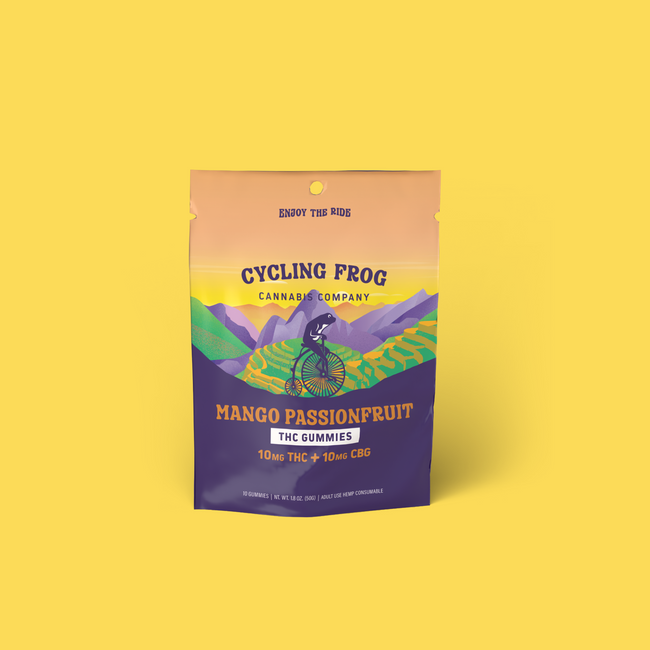 Cycling Frog Mango Passionfruit Gummies, 10mg THC + 10mg CBG