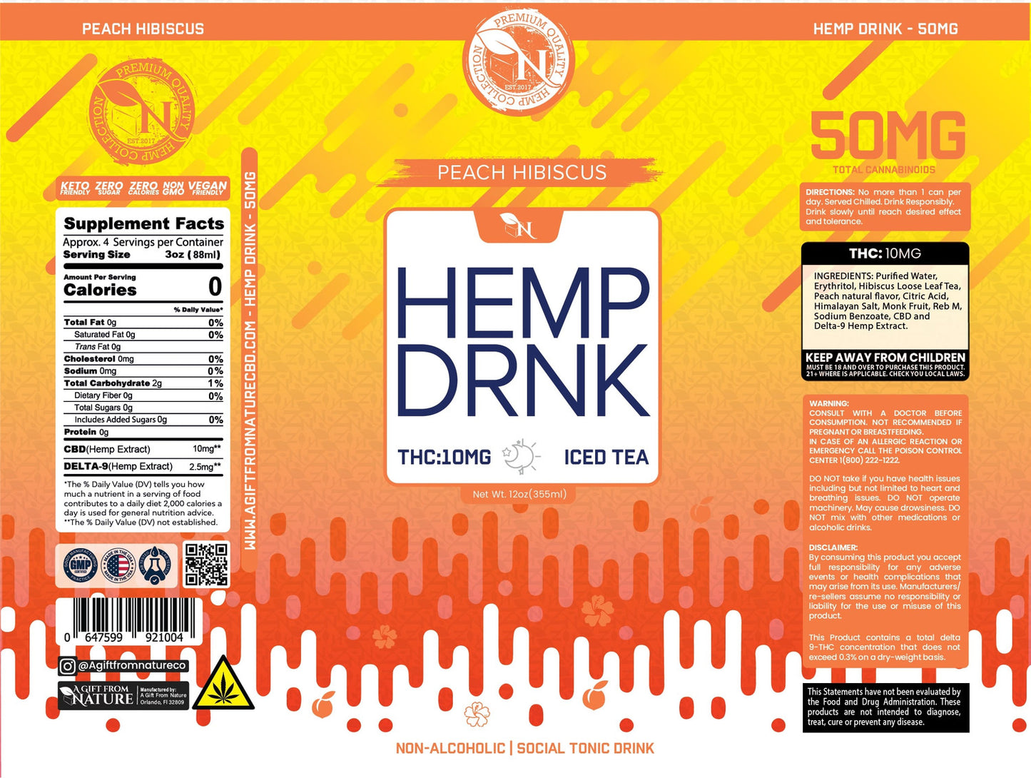 DELTA 9 + CBD BEVERAGE - Peach Hibiscus - 50MG - 4 PACK