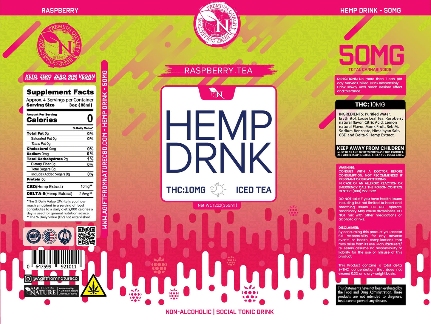 DELTA 9 + CBD  BEVERAGE - Raspberry Tea - 50MG - 4 PACK