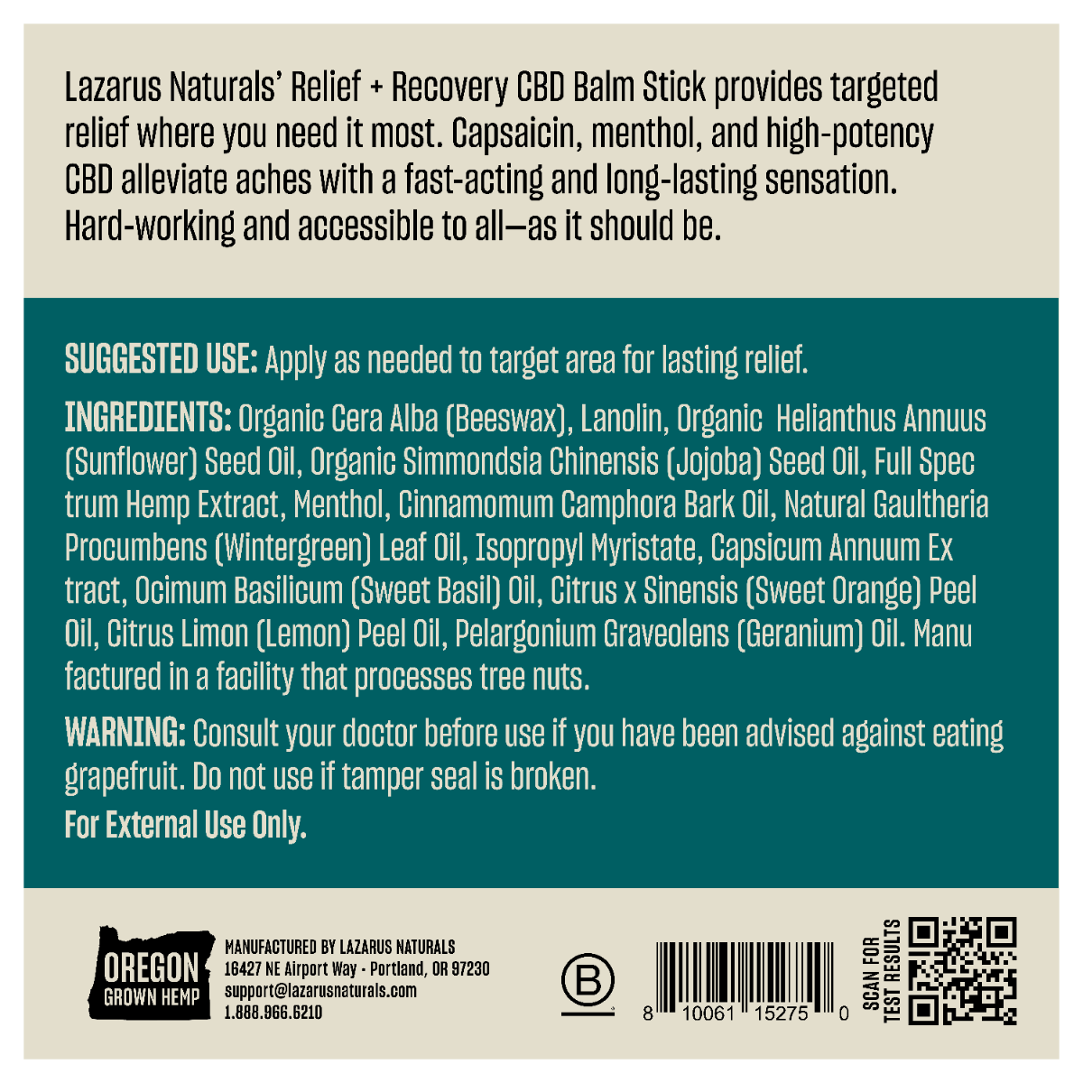 Lazarus Naturals CBD BALM STICK, RELIEF + RECOVERY