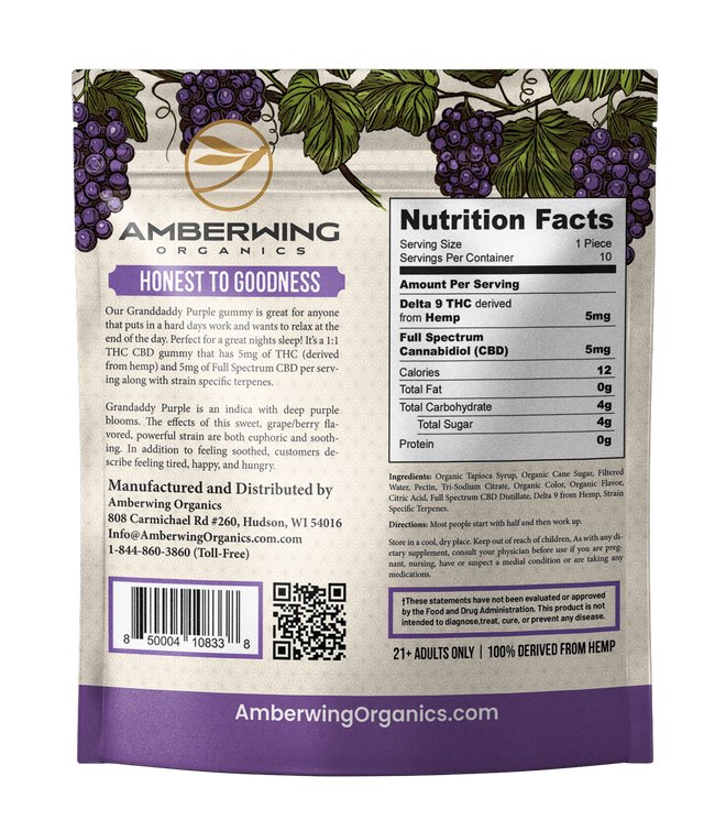 5mg Delta 9 | 5mg CBD | 1:1 | Granddaddy Purple Strain | Indica | 10 Pack