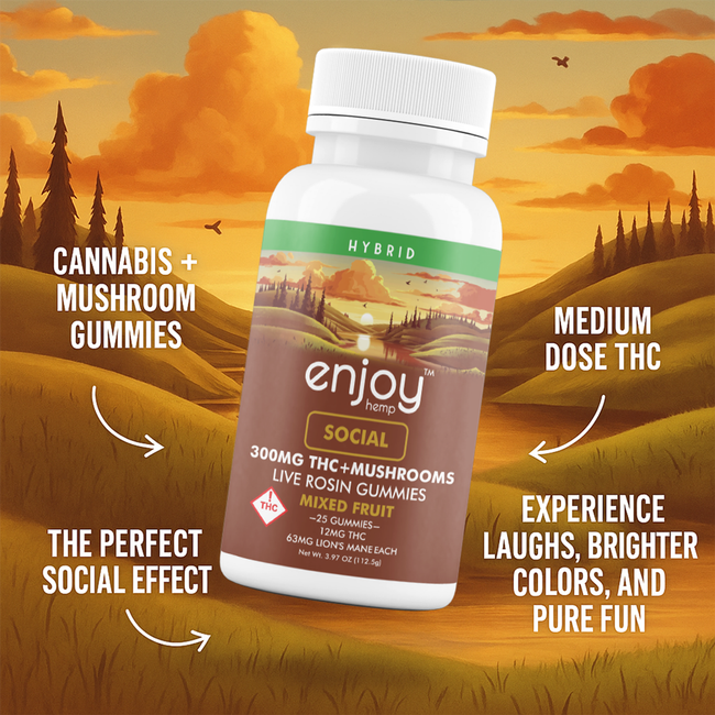 Enjoy Hemp Live Rosin Delta 9 THC + Mushrooms 300mg Gummies for Social (Hybrid) - 25 gummies | 12mg + 63mg Lion's Mane each
