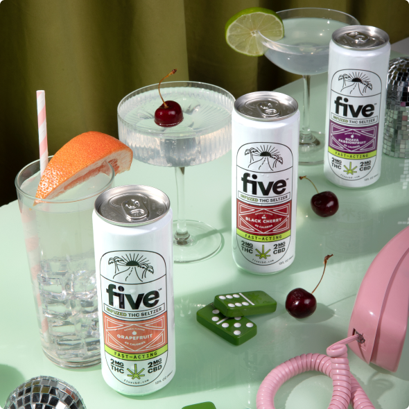 Five CBD variety 6-pack fast-acting 2mg thc seltzers