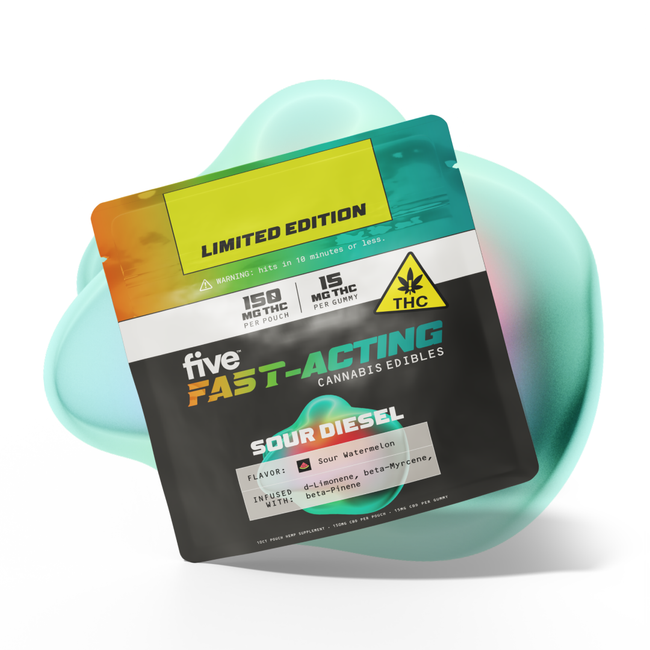 Five CBD sour diesel fast-acting 15mg thc gummies