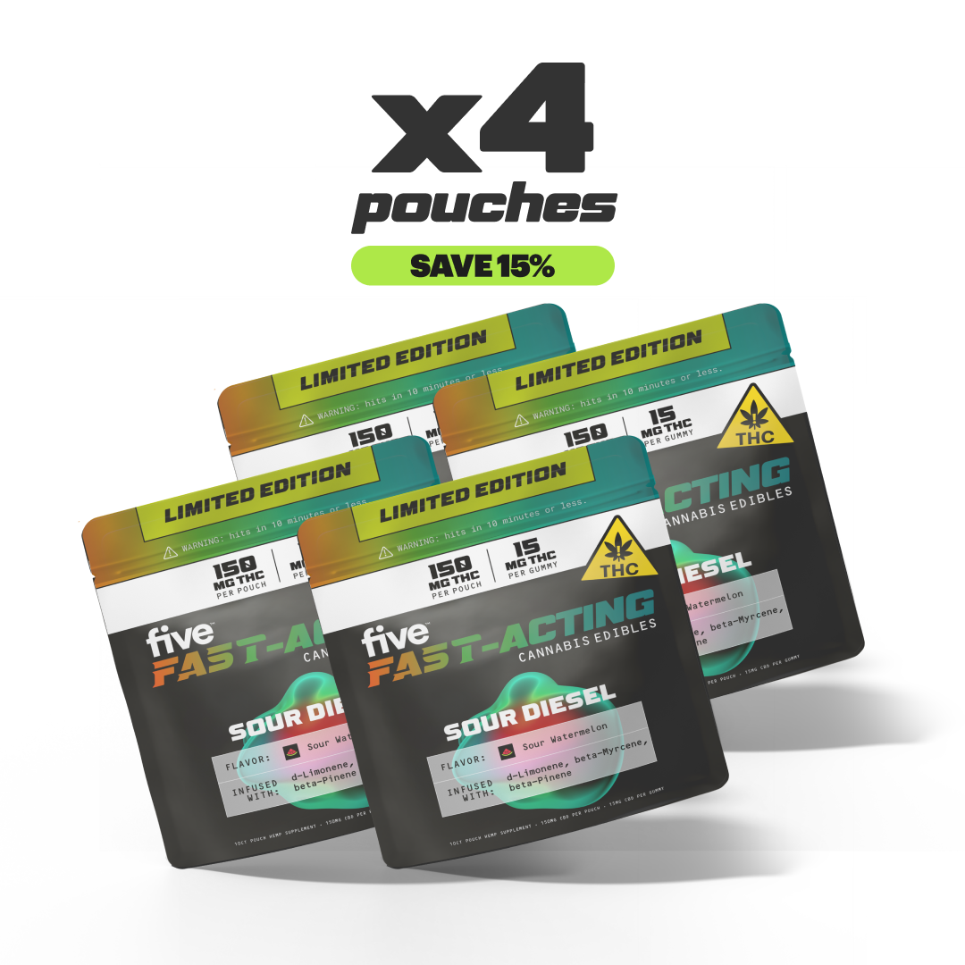 Five CBD sour diesel fast-acting 15mg thc gummies