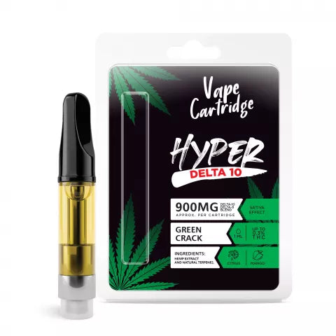 900mg D10, D8 Vape Cart - Green Crack - Sativa - 1ml - Hyper Best Sales Price - Vape Cartridges
