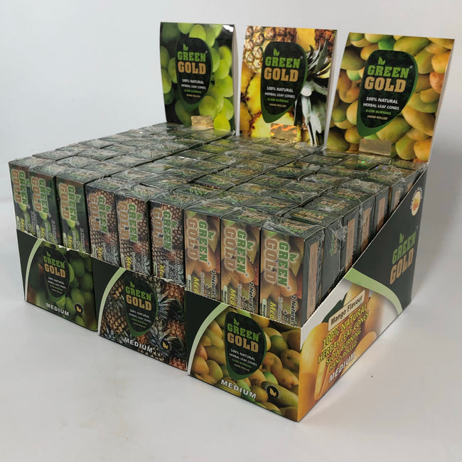 GREEN GOLD ALL NATURAL HERBAL LEAF CONES MEDIUM SIZE 24 BOXES PER DISPLAY (2 CONES PER BOX) Best Sales Price - Rolling Papers & Supplies