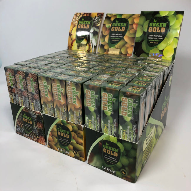 GREEN GOLD ALL NATURAL HERBAL LEAF CONES 24 BOXES PER DISPLAY (2 CONES PER BOX) Best Sales Price - Rolling Papers & Supplies