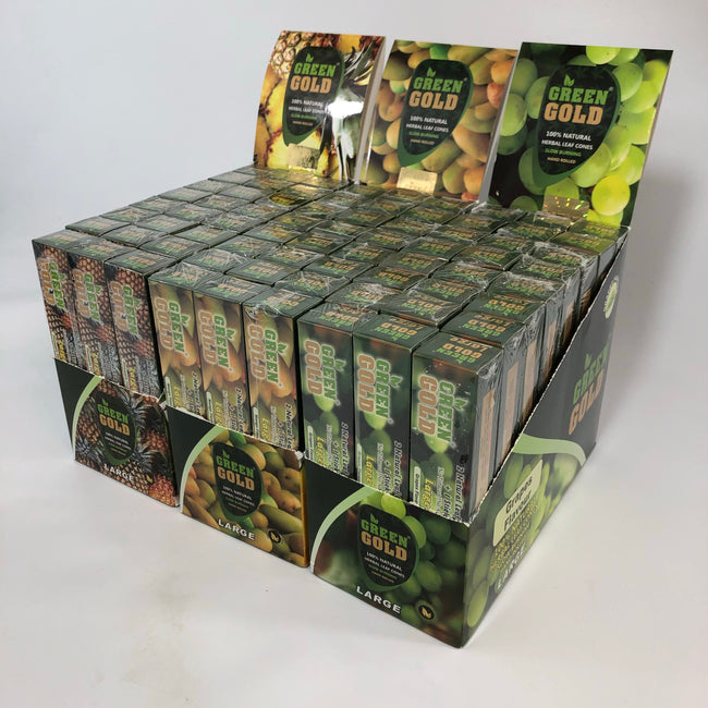 GREEN GOLD ALL NATURAL HERBAL LEAF CONES MEDIUM SIZE 24 BOXES PER DISPLAY (2 CONES PER BOX) Best Sales Price - Rolling Papers & Supplies