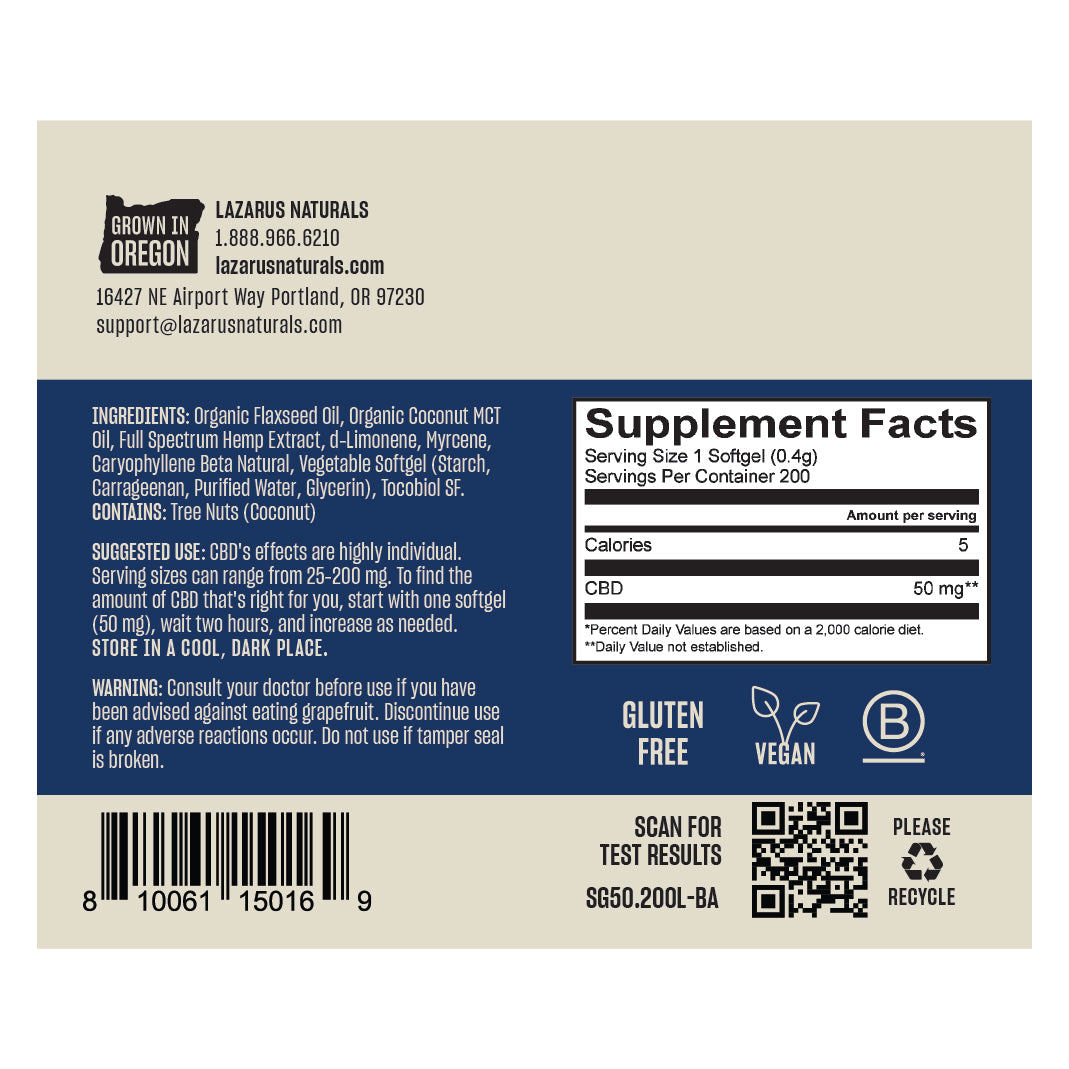 Lazarus Naturals CBD SOFTGELS, 50MG
