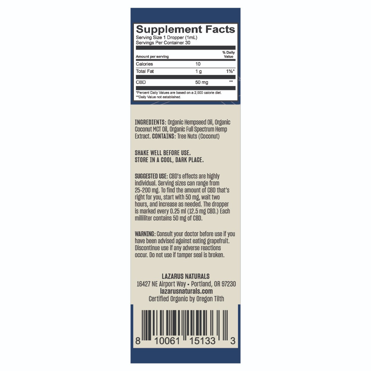 Lazarus Naturals ORGANIC CBD TINCTURE, 50MG/ML