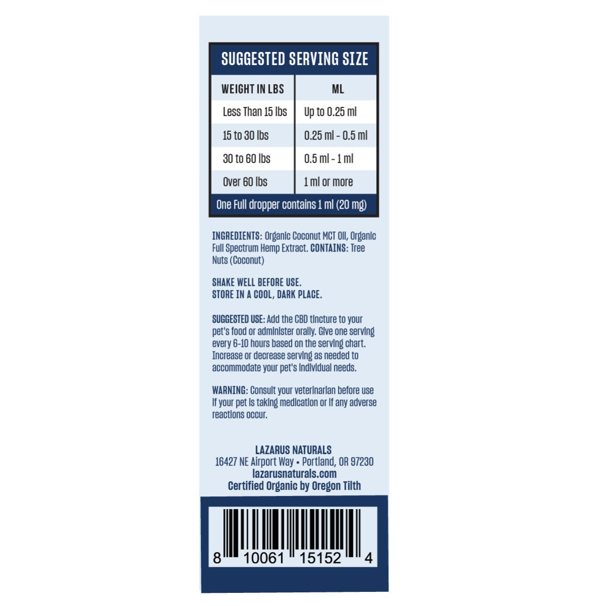 Lazarus Naturals ORGANIC PET CBD TINCTURE, 20MG/ML