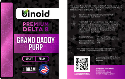 Binoid Delta 8 THC Vape Cartridge - Grand Daddy Purp Best Sales Price - Vape Cartridges