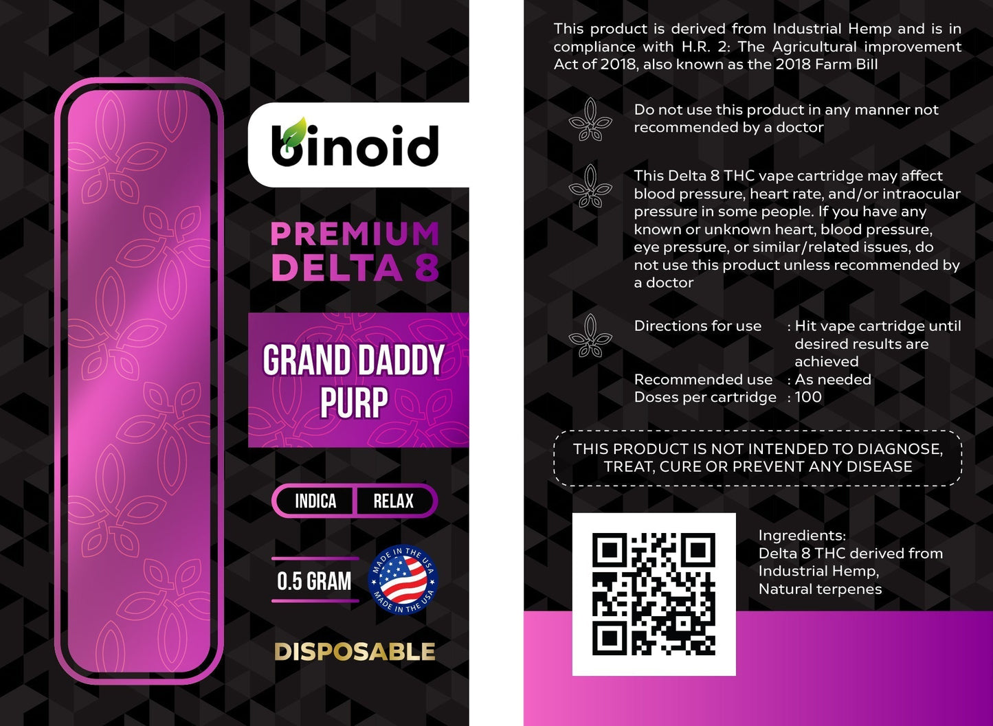 Binoid Delta 8 THC Vape Cartridge - Grand Daddy Purp Best Sales Price - Vape Cartridges