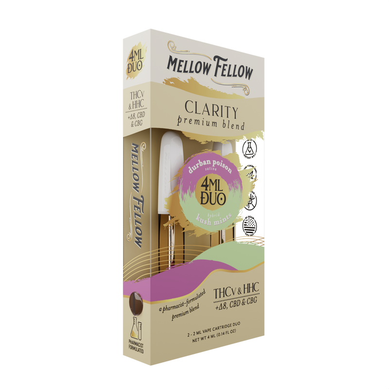 Mellow Fellow Clarity Blend - Durban Poison & Kush Mints - 2ml Vape Cartridge Duo (4ml) Best Sales Price - Vape Cartridges