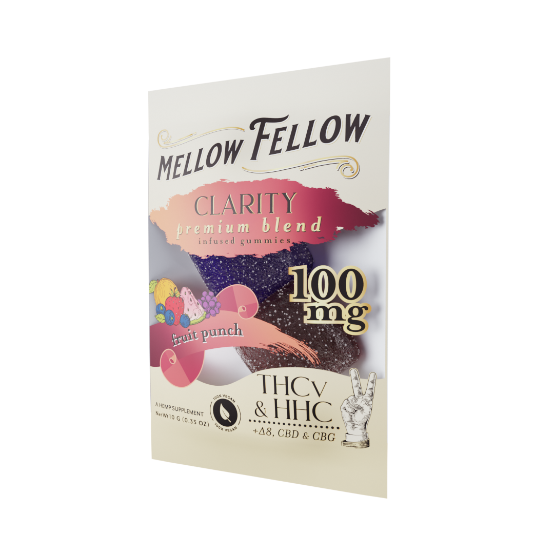 Mellow Fellow Clarity Blend Fruit Punch 2 cnt Infused Gummies - THCv, HHC, Delta 8, CBD, CBG Best Sales Price - Gummies