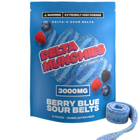 Delta Munchies - Delta 8 Edible - Berry Blue Sour Belts - 3000mg Best Sales Price - Gummies