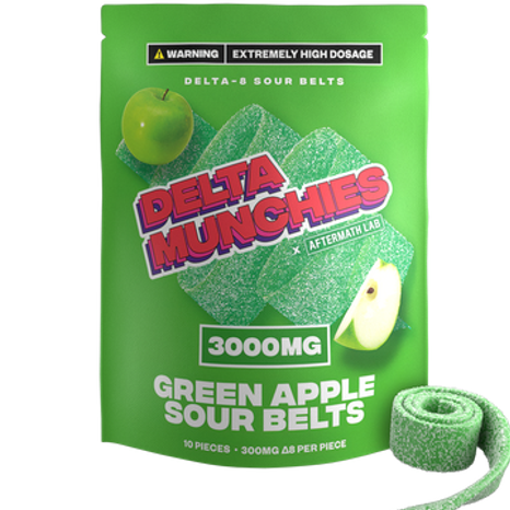 Delta Munchies - Delta 8 Edible - Green Apple Sour Belts - 3000mg Best Sales Price - Gummies