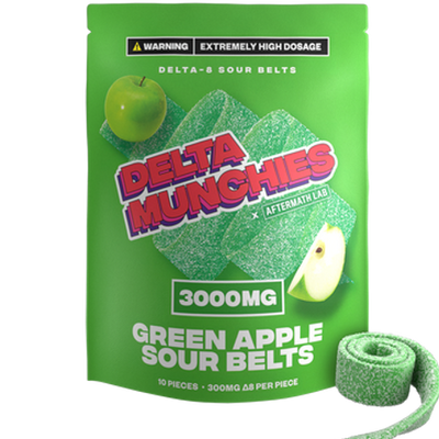 Delta Munchies - Delta 8 Edible - Green Apple Sour Belts - 3000mg Best Sales Price - Gummies