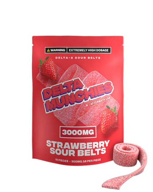 Delta Munchies - Delta 8 Edible - Strawberry Sour Belts - 3000mg Best Sales Price - Gummies