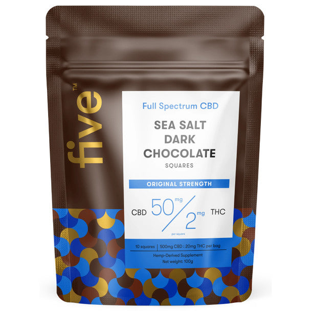 FIVE CBD Edible - CBD & THC Edible Sea Salt & Dark Chocolate Squares 50MG Best Sales Price - Gummies