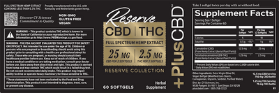 PlusCBD Reserve 2.5mg THC + 25mg CBD Softgels, Full Spectrum 60ct 75mg THC + 750mg CBD Best Sales Price - Edibles