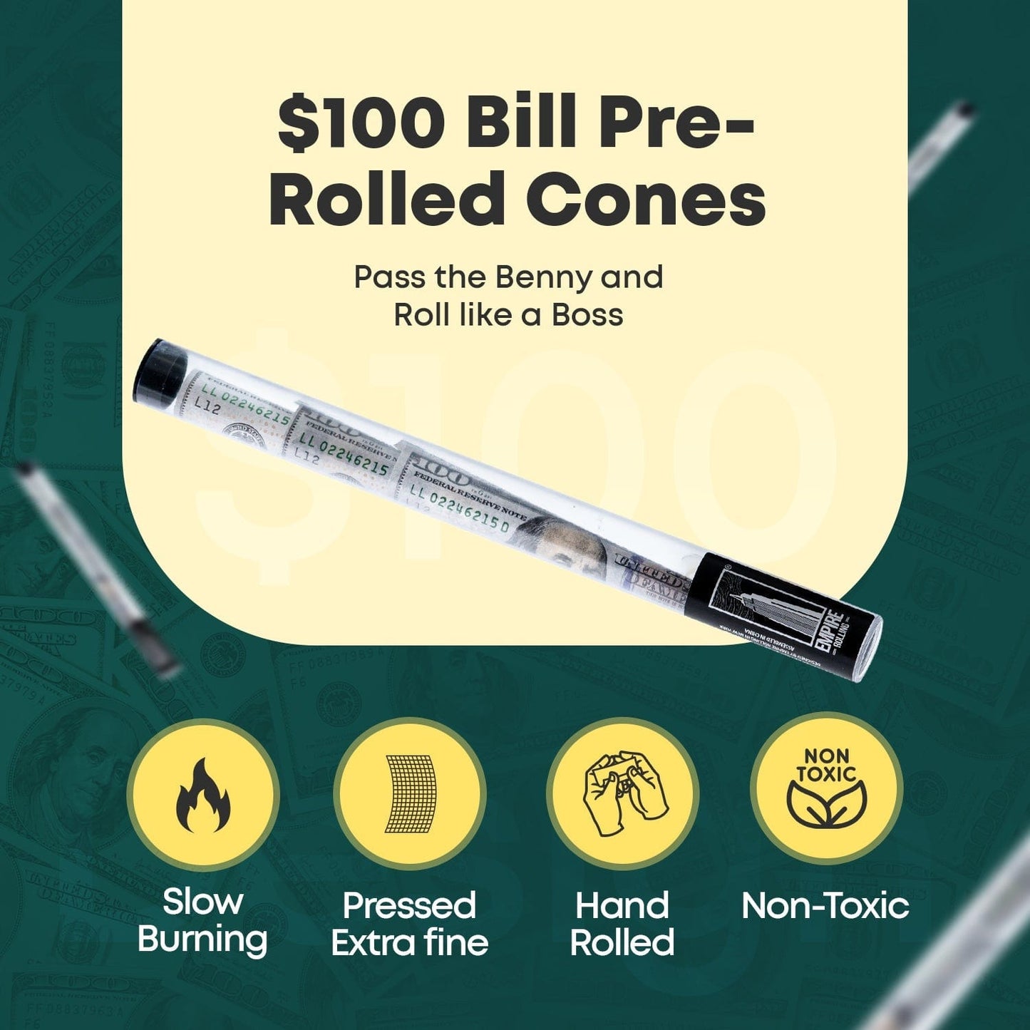 Empire Rolling Papers Bulk Benny Cones Box - 800 Premium 100 Dollar Bill Cones Best Sales Price - Rolling Papers & Supplies