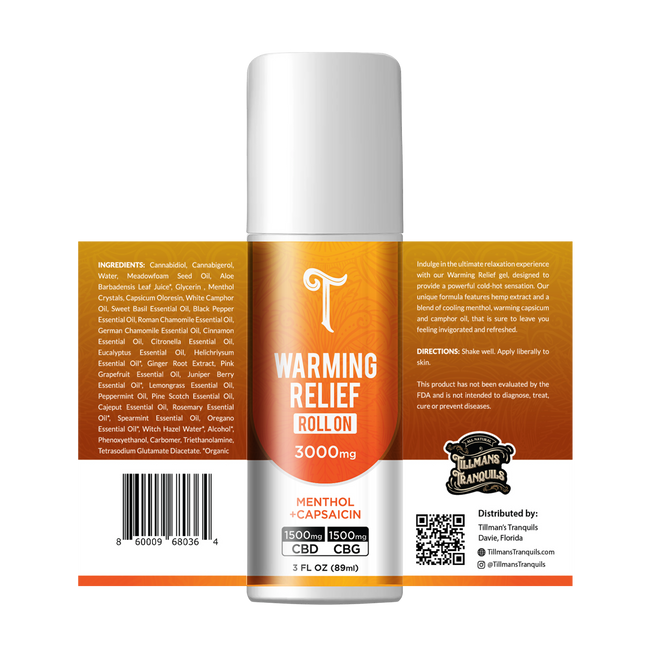 Tillmans Tranquils CBD Roll On + CBG – Muscle Relief Warming Gel Best Sales Price - Edibles